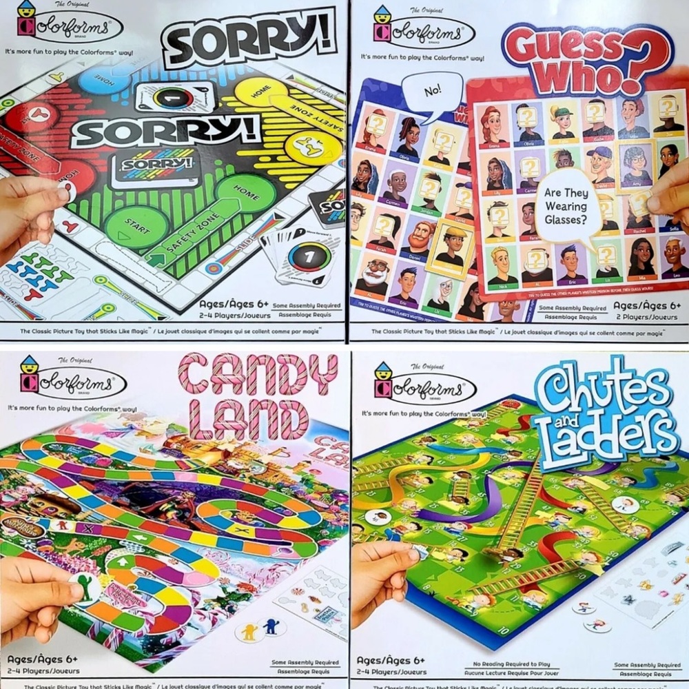 Set of 4 Colorforms Board Games Candy Land, Chutes & Ladders, Guess Who, & Sorry